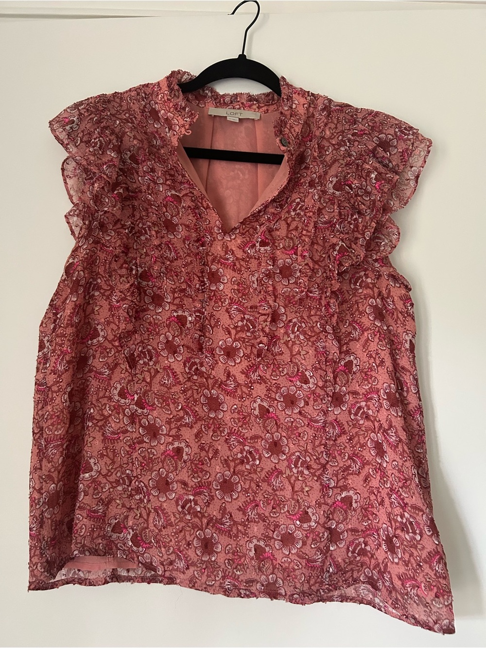 LOFT Rose-Pink Floral Ruffle Cap-Sleeve Blouse